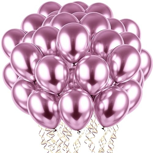 PuretéavHom 60 Stück Luftballons Rosa Helium Ballons mit 3 Rollen farbiger Bänder 12 Zoll Luftballon Latexballons Metallic Luftballons für Geburtstagsdeko Hochzeit Taufe Deko Partydeko