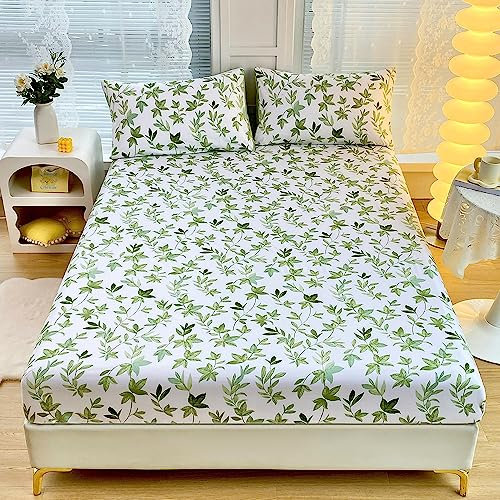 Chickwin Fitted Sheets Bedding Sheets, Flowers Plant Print Double King Single Size Bed for Deep Pocket 30cm - Shrinkage Fade Resistant Easy Care (King,Green leaves)