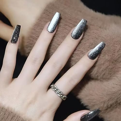 Temperament enhancement nail patch, handmade dark cool cat's eye manicure semi-spar ultra-black wearing nail patch (10-piece pack) (Size : L)