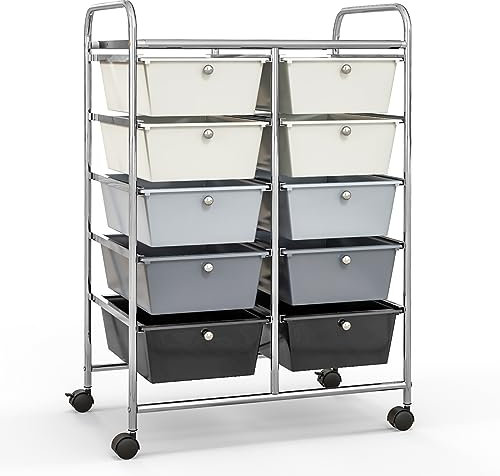 GIANTEX Rollwagen mit 10 Schubladen stapelbar, Schubladenwagen Badrollwagen Küchenwagen mit feststellbaren Rollen, Aufbewahrungswagen Haushaltswagen für Küche Bad Büro 65,5x37x87cm Weiß+Schwarz