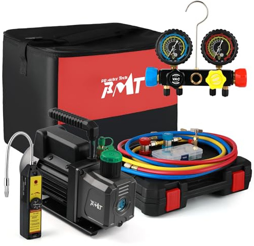 PB Motor Tech BMT PB Motor TECH - Pompa per vuoto da 4,5 CFM, 1/3 HP, con collettore AC a 4 vie, set per R134a, R22, R401a, con rilevatore di perdite, rubinetto per foratura R134a e altri accessori