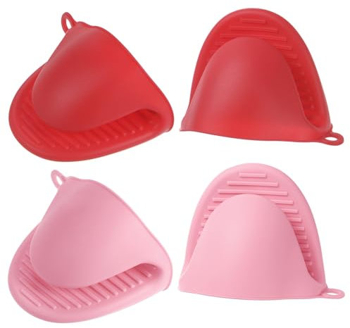 sourcing map 4pcs Mini Silicone Oven Mitts 110x85x70mm Small Heat Resistant Rubber Air Fryer Gloves for Kitchen Cooking and Baking, Red Pink