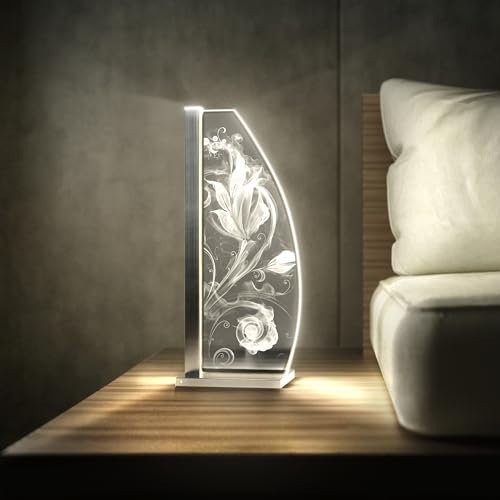 Luverre Tischlampe | LED-Leuchte | Glas-Leuchte mit Gravur für Nachttisch, Kommode, Wohnzimmer | Abstrakt, Geometrie, Kunst (Blooming Mist, Segel | silber)
