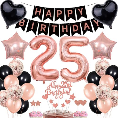 Rose Gold & Black 25th Birthday Cake Topper Set for Women with Banner