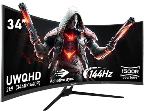 Gawfolk Écran PC Ultra Large 34 Pouces 1500R incurvé 144Hz Gaming Computer Moniteur,21:9 UWQHD(3440x1440),Adaptive Sync,HDR,178 ° Angle Vue,HDMI、DisplayPort,VESA 75 * 75MM-Noir