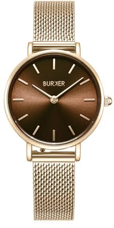 BURKER Damenuhr Ruby Petite, Runder Damen Armbanduhr Klassisch Analog Wasserdicht 3 ATM Geschenk für Frauen Geburtstag Valentinstag - Milanaise-Armband - Gold Braun Mesh - 28 mm