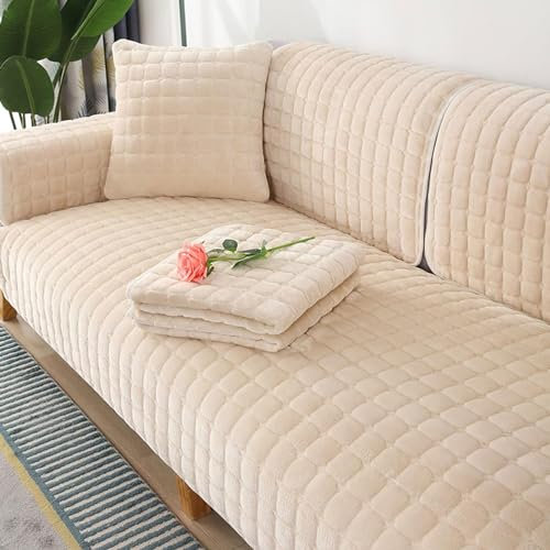 LHKXKKXX Samt Sofabezug 1 2 3 4 Sitzer, Sofaschoner Antirutsch Sofa Cover l Shape, Sofa bezug Set Sofa überzug Ecksofa Couch überwurf sofaüberwurf, Sofa überwurf Couch überzug L Form,Beige,70x150cm