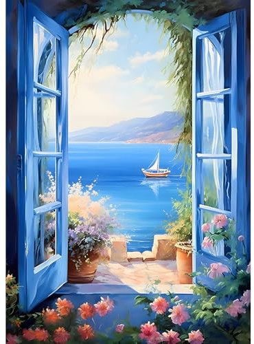 DPHERO 5D Vue Sur la Mer Diamond Painting Kits, DIY Broderie Fenêtres Art du Diamant Painting Kit Complet, Fleurs Kits de Peinture sur Diamant Point de Croix Painting pour Adultes Débutants 30x40cm