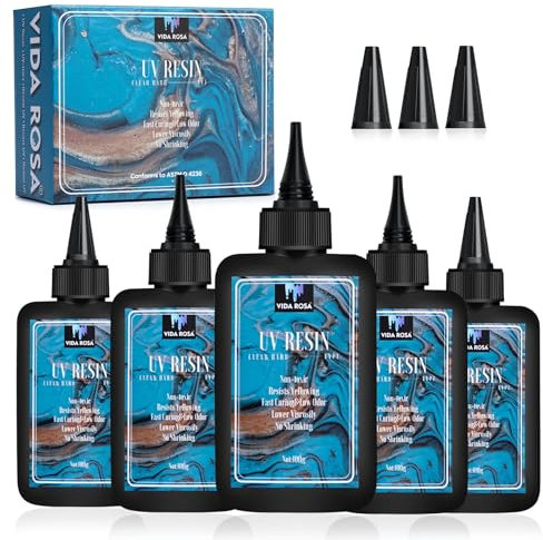 VIDA ROSA Resina UV 500g – Pack de 5 piezas resina epoxi – Versión mejorada de alto brillo, curado rápido, transparente como cristal, ideal para fundición y recubrimientos