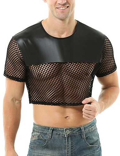 GENEMEN Mens Fishnet Shirts See Through Faux Leather Sexy Crop Tops Short Sleeve Mesh T Shirts (Black, L)