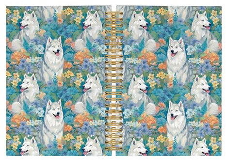 Pugwak Notizbuch mit niedlichem Hund, Husky, Blumenmuster, Sibirischer Husky, College, liniert für Arbeit, Schule, Geschenke für Hundeliebhaber, Bürobedarf, Hardcover-Spiralbuch, 14 x 21 cm