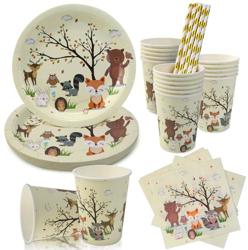 VZXZXE Lot de 64 couverts de fête d'animaux de la forêt - Décoration d'anniversaire - Avec assiettes, serviettes, tasses, pailles (pour 16 invités)