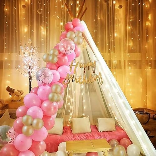 Birthday Party Decoration Set, 26 Pieces, Pink and Gold Balloons, LED Lights, White Net Canopy, Balloon Arch