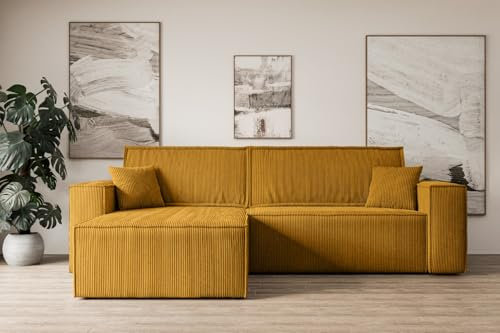 ALTDECOR Ecksofa mit Schlaffunktion und Bettkasten Corner Sofa Eckcouch Couch L-Form universal, Links/rechts Schlafcouch Ausziehbar Wohnlandschaft Schlafsofa Celtic-XL - 277x143x83cm Senfgelb