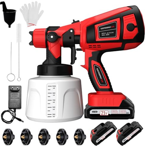 Pistola per Verniciare, Pistola Vernice a Spruzzo con 21V Batteria, Pistola Spruzzatore di Vernice con 2x2000mAh Batterie e Caricatore e Contenitore 1000ML per Verniciatura di Pareti Interne & Esterne