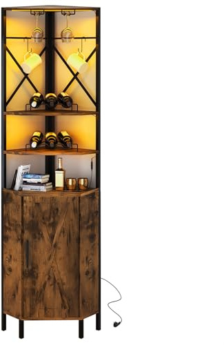 UVANIOHOM Armadietto per vino angolare a 6 ripiani con presa di corrente e luce a LED, armadietto industriale da bar con porta vetro e 2 ganci flessibili, armadietto per liquori con anta per piccoli