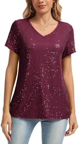 MINTLIMIT Glitter T Shirt Sequined Top Womens Fully Lined Sparkly V Neck Short Sleeve Blouse (Wine Red L)