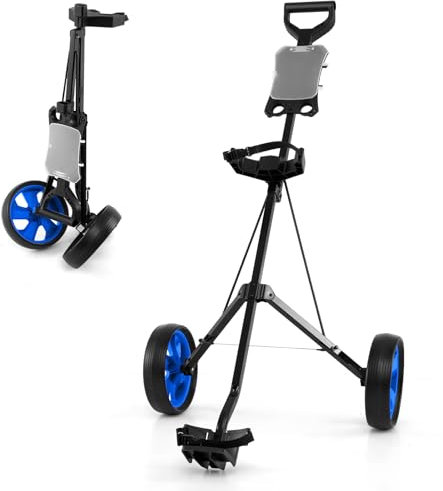 COSTWAY Folding Golf Push Pull Cart, Lightweight 2 Wheels Golfs Bag Trolley with Convenient Handle, Scoreboard Holder and Foot Brake (Blue)