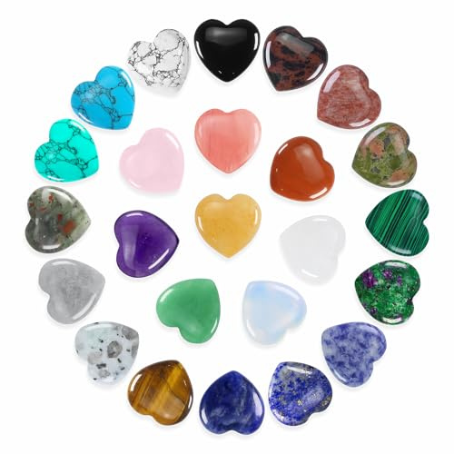 24 Stück Herz Stein Set Glücksbringer Kristall Edelsteine Bunte Herzsteine für Chakra Meditation Reiki Balancing