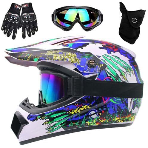 Motorradhelm, DOT-Zertifizierter Integralhelm für Dirtbikes, für Kinder, Jugendliche und Erwachsene, Motocross-Helm Mit Maske, Schutzbrille und Handschuhen(White Claw,L(56-57cm))