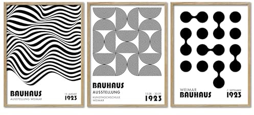 ARTFAVES® Poster Set - Bauhaus Geometrie 1-3-teilige Bildercollage Wohnzimmer, Schlafzimmer - moderne Wandbilder schwarz-weiss, Kunst, Abstrakt, Kunstplakat - 30x40 cm - mit Rahmen Eiche