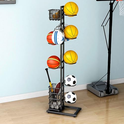 Garage Sports Equipment Organizer, Vertical Ball Rack with Baskets and Hooks, Basketball Rack Soccer Ball Holder, Indoor/Outdoor Toys Storage Organizer Bins, Sports Ball Organizer