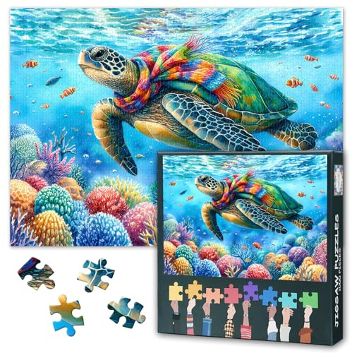 Coral Reef Sea Turtle 1000 Piece Puzzle for Adults, Ocean | 1000-piece jigsaw with poster & lettered backs; for ocean lovers, relaxing, or wall decor. Finished size 27.5x19.7 in