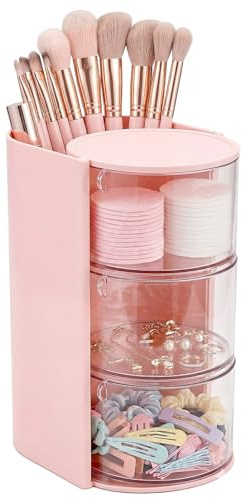 180° Drehteller Schminktisch Organizer, 3-stöckiger Kosmetik Organizer | Rosa Make up Pinselhalter, Transparente Haar-Zubehör Aufbewahrung, Für Schmuck, Haarschmuck, Puderquasten, Make-up Pinsel
