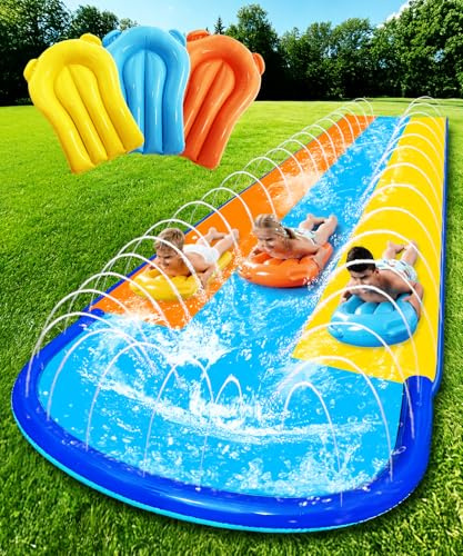 CVICOE Trippel vattenrutschkana med 3 Bodyboards, 4,9 m x 208 cm extra lång bred 3-körs slip och bild med uppgraderat surroundsprinklersystem, förtjockade PVC-vattenrutschbanor för barn bakgård hem