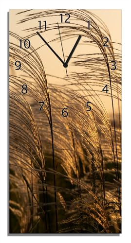 Wallario Design-Wanduhr Schilf im Wind aus Glas, Motiv-Uhr Größe 30 x 60 cm, Schwarze Zeiger