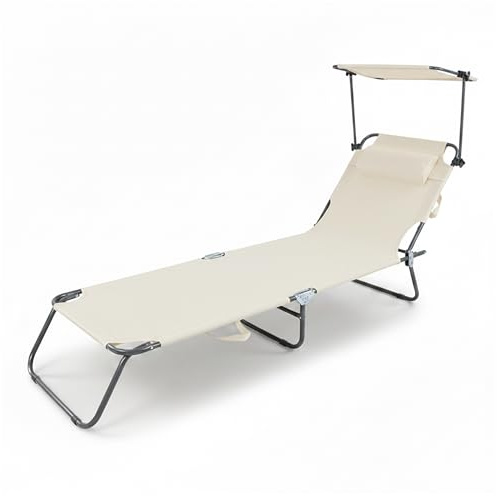 Baroni Home Sedia a Sdraio Pieghevole Reclinabile con Parasole Regolabile 360° e Cuscino Removibile, Lettino Prendisole in Metallo con Tessuto Idrorepellente, Portata 110 Kg, 186x55x24 cm Panna
