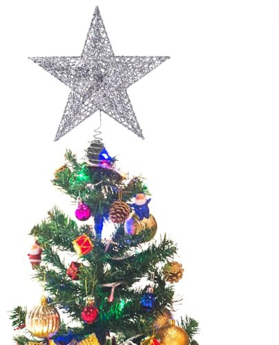 NICEXMAS - Estrella plateada de 5 puntas para colocar en la copa del árbol de Navidad, adorno brillante y elegante, 20 cm