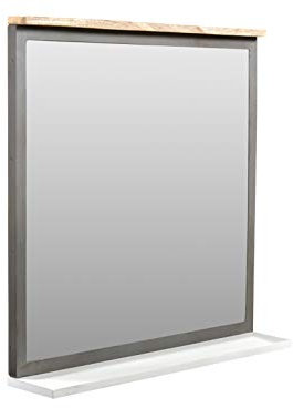 Woodkings Spiegel Pinetown I Grauer Wandspiegel mit Ablage 71x67 cm I Badspiegel aus Massivholz im Industriel Design I Flurspiegel Weiß grau