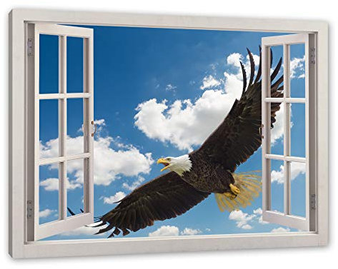 Pixxprint Adler fliegt über Berge, Fenster, Größe: 120x80cm, Leinwandbild, fertig gespannt, Wandbild, Dekoration, Kunstdruck, kein Poster