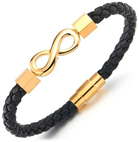 COOLSTEELANDBEYOND Herren Damen Schwarz Geflochtene Leder Armband mit Edelstahl Gold Infinity Symbol Unendlich Liebe Number 8, Magnetverschluss