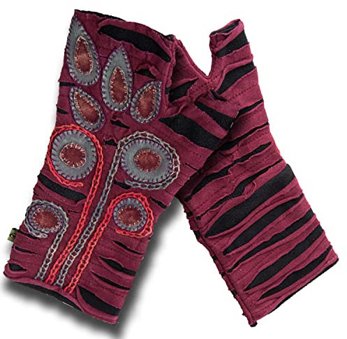 Vishes - alternative Bekleidung - Bestickte Damen Handschuhe Stulpen mit Daumen Fleece Gefüttert schwarz-dunkelrot