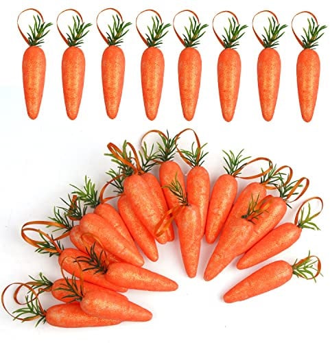 VEYLIN Easter Carrots,20 Pcs Easter Carrots Hanging Decorations Easter Artificial Carrots Foam Glitter Powder Carrots,Suitable for kitchen photography props, plastic toys, party gifts