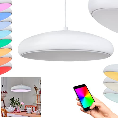 LED Hängeleuchte Rhone, dimmbare Pendellampe aus Metall in Weiß, Hängelampe Bluetooth u. RGB Farbwechsler, Steuerbar über Smart App, RGB LED 27 Watt, 3400 Lumen, 2700-6500 Kelvin