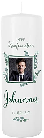 Herz & Heim® Konfirmationskerze mit Gratis Aufdruck des Namens u. des Datums 8 x 25 cm Blau mit Foto