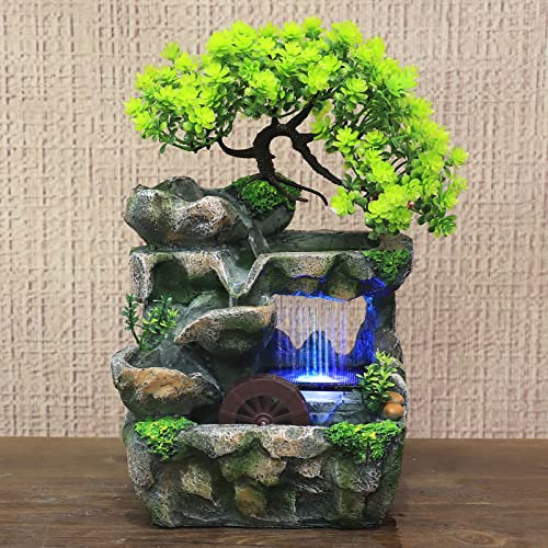Zimmerbrunnen mit Farbwechselnder LED-Licht Harz Desktop Brunnen Wasserfall Tischbrunnen Feng Shui Wheel Einladender Reichtum Springbrunnen