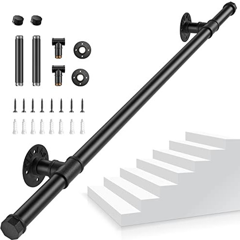 Pasamanos Escalera, Aomdom Pasamanos para Escaleras Interior Exterior Barandilla Escalera Pasamanos Negro con tubo de acero Galvanizado Industrial Antideslizante para Cocina Baño Jardín, 1M