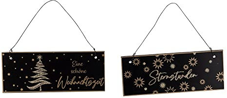 Holz-Schild Wandschild Türschild STERNSTUNDEN & SCHÖNE WEIHNACHTSZEIT in schwarz & Gold Glitzer mit Tannen-Baum & Sternen Weihnachts-Schmuck Figur Advent Dekoration Weihnachts-Deko Hänge-Deko 2 Stück