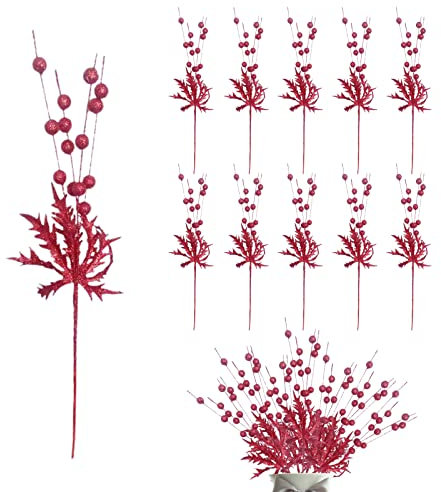 10 tallos de fruta de bayas con purpurina, tallos de árbol de Navidad de 38 cm, palos de bayas artificiales con hojas, púas de pistacho de Navidad (rojo)