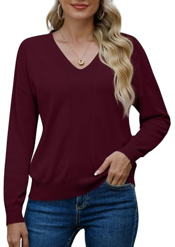 PrinStory Pull à col en V tricoté à manches longues pour femme Couleur unie