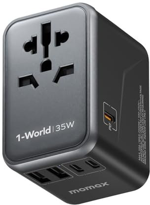 MOMAX Plug Adapter, Adattatore universale da viaggio PD35W con 3USB-C, 2USB-A e 1AC, adattatore internazionale per USA Canada UK Australia Cina Giappone Nero