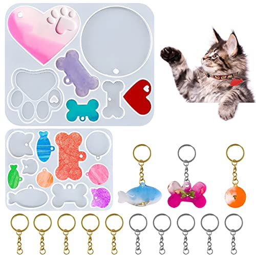 18 Stück Schlüsselanhänger-Harzformen, AFUNTA Hundemarken-Silikonformen, Hundeknochen, Katzenklauen, Harzformen, Silikon mit 10 Schlüsselringen, für DIY-Schlüsselanhänger, Haustiermarken-Anhänger