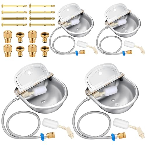 Bokon 4 Set Automatic Animal Drinking Water Trough Bowl Automatic Livestock Drinking Dispenser Stainless Steel Waterer for Horses Dogs Goat Pig with Float Pipe Connector Countersunk Bolt