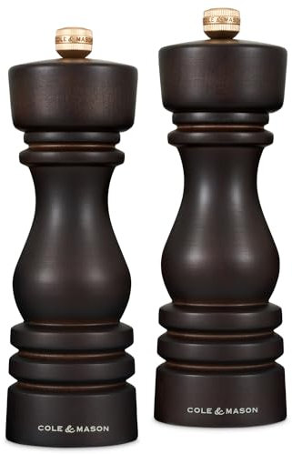 Cole & Mason London Salz und Pfeffermühle, 2er Set Manuell mit Einstellbar, Schokolade Holz, 18cm, Precision+ mit Keramikmahlwerk und Carbonmahlwerk, Gewürzmühle, Mühlen für Salz, Pfeffer