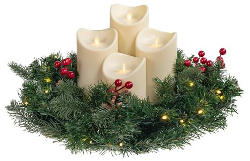 Künstlicher Adventskranz mit Lichterkette und LED Kerzen | batteriebetrieben | Sicher in der Anwendung | Tannenkranz mit Zapfen und Beeren (4 Kerzen, Cremefarben)