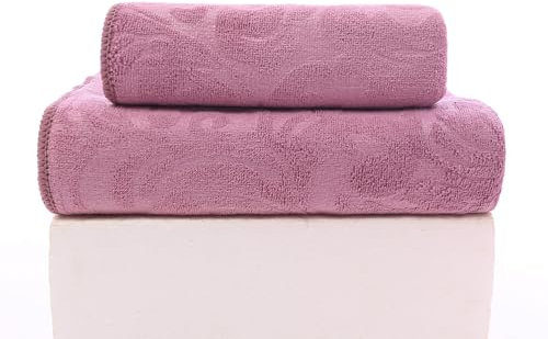 FEBE Handtücher Badetuch 70x140 + 50x100 cm Rosa Handtücher Set Badehandtuch Frottee mit Blumen Muster Mikrofaser Towel
